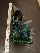 Murano Style Hand Blown Art Glass Pair of Angel Fish Green And Blue Wave