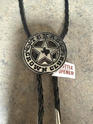Texas Crown Club Men's Bolo Tie Black Leather Metal Bottle Opener Western