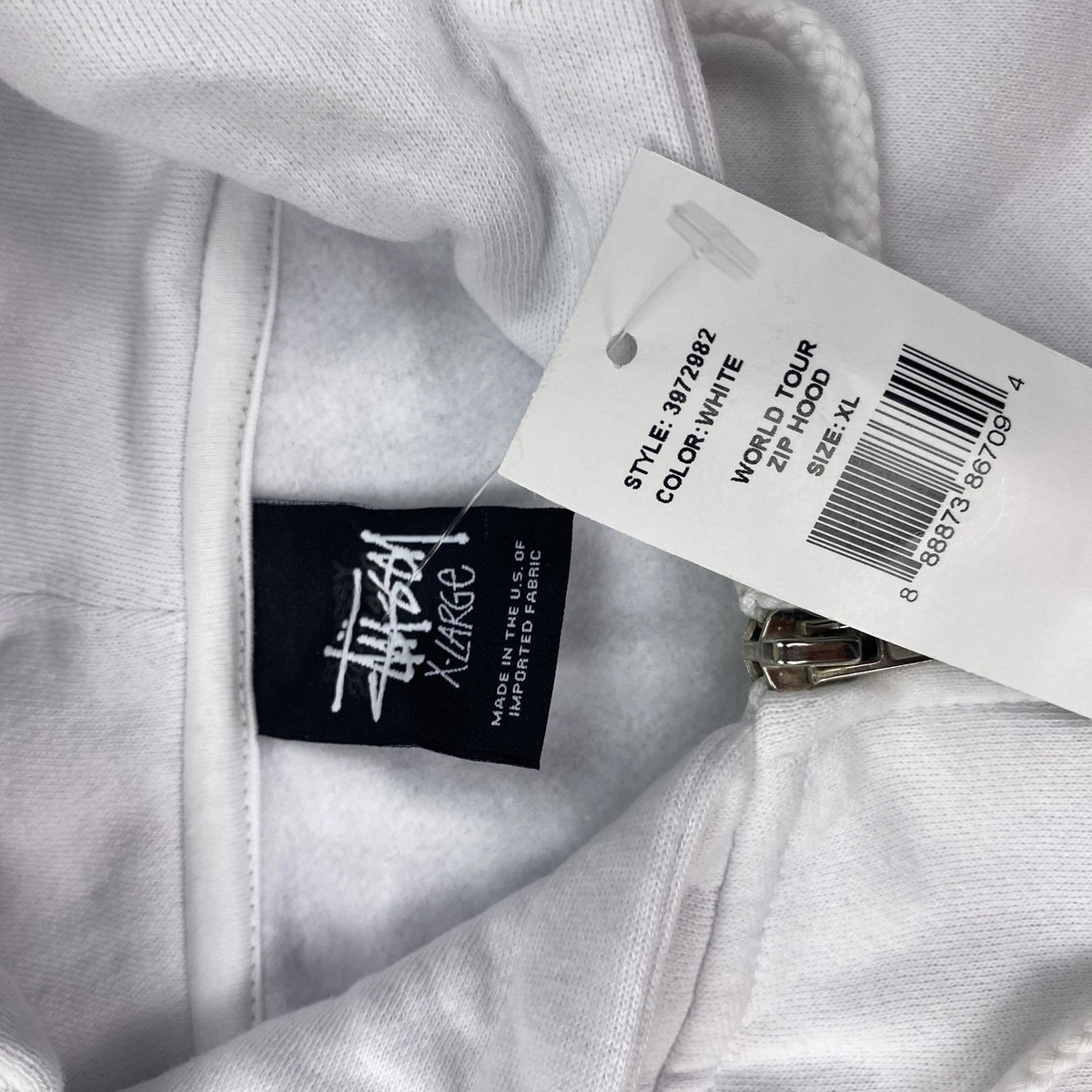 Stussy Hoodie Mens XL White World Tour Zip Hood Made USA Logo