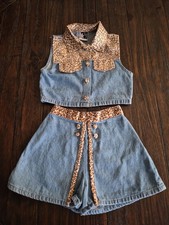 Vintage Side X Side 2pc Denim Cheetah Animal Print Top Skort Girls Size M/L