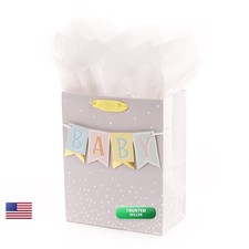 Hallmark 9" Medium Baby Gift Bag with Tissue Paper - Grey, Pink, Blue