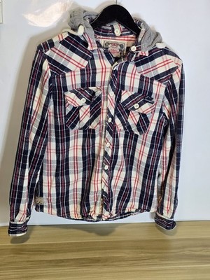 Mens Tokyo Laundry Plaid Check Flannel Shirt Jacket Hoodie Size S-M 20'' Pit 25''L