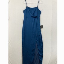 New Lulus Large Destiny Awaits Navy Blue Satin Faux-Wrap Maxi Dress Bridemaid