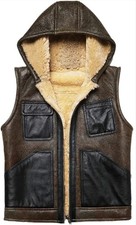 Hooded Shearling Wool Fur Sheepskin Natural Genuine Leather Vest Men