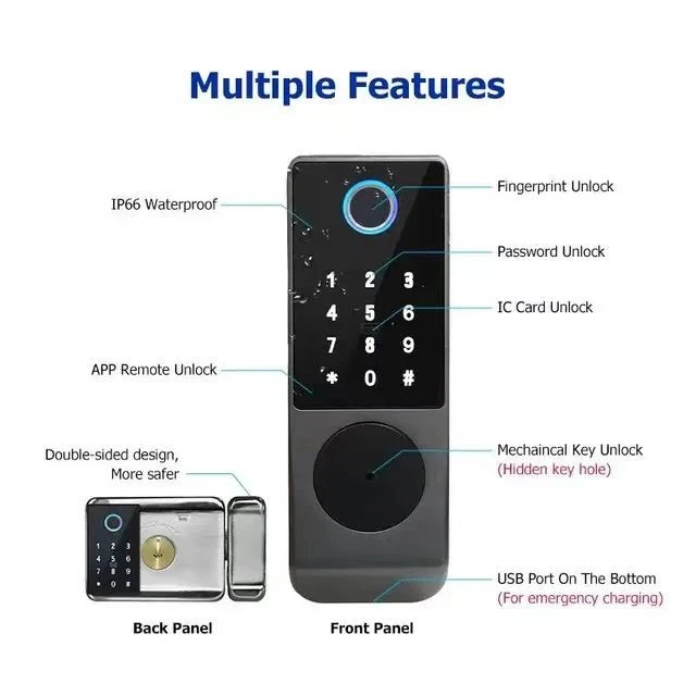 Smart Rim Door Lock Outdoor Tuya WiFi Waterproof Biometric Double Fingerprint US - Image 2 of 4