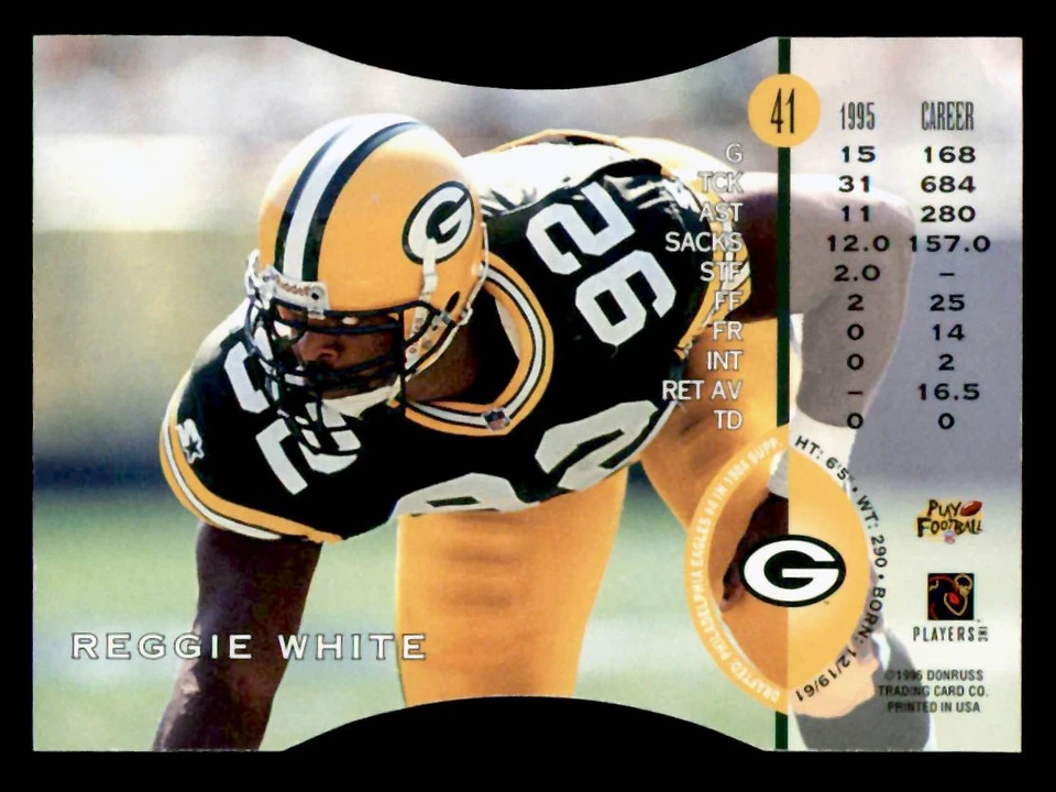 1996 Leaf #41 Reggie White Press Proof /2000 Die Cut Green Bay Packers - Image 2 of 2