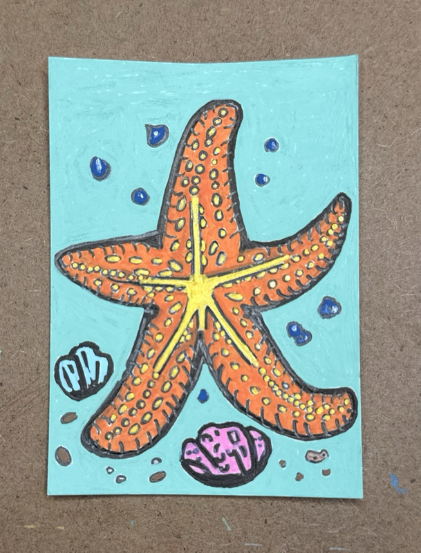 ACEO Original Starfish in ocean  acrylic painting 2.3x3.5 