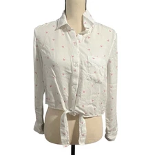 Rails Women's White Pink Heart Love Valentine Boxy Button Down Blouse Shirt Sz S