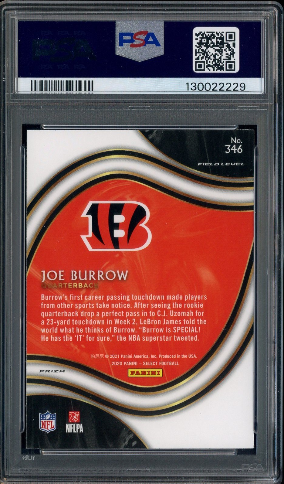 2020 Select Silver Prizm #346 Joe Burrow Bengals RC Rookie PSA 9 MINT view 2