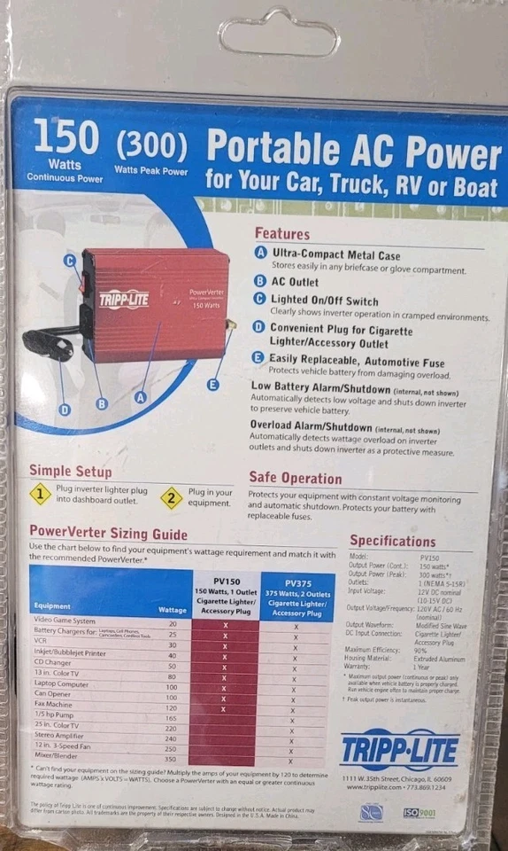 Tripp Lite 150W PowerVerter Ultra-Compact Car Inverter: Model #PV150 - Image 4 of 4