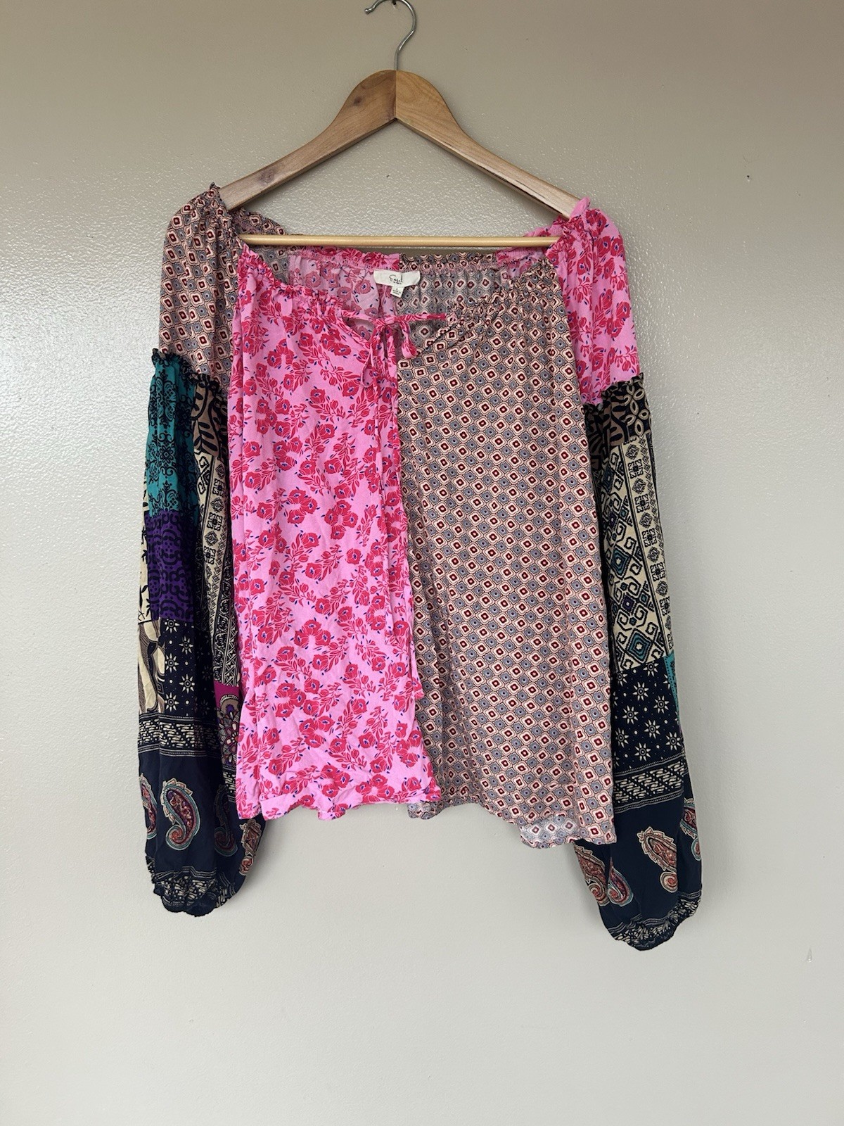 Easel Floral Patchwork Boho Blouse Bubble Sleeve … - image 4