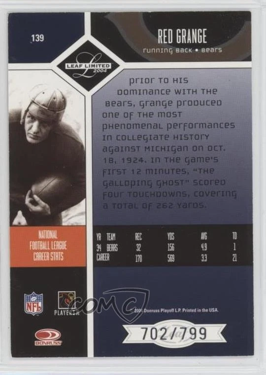 2004 Leaf Limited /799 Red Grange #139 HOF - Image 2 of 2