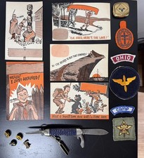 Vintage Boy Scouts Mixed Lot, Postcards, Knife, Patches, Pins, 15 Items