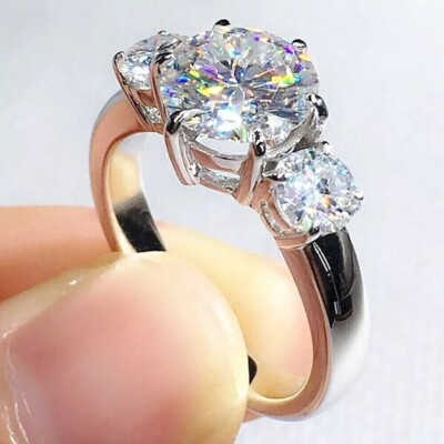 2 Ct Round Cut Simulated Diamond Women's 3 Stone Ring 14K White Gold Plated