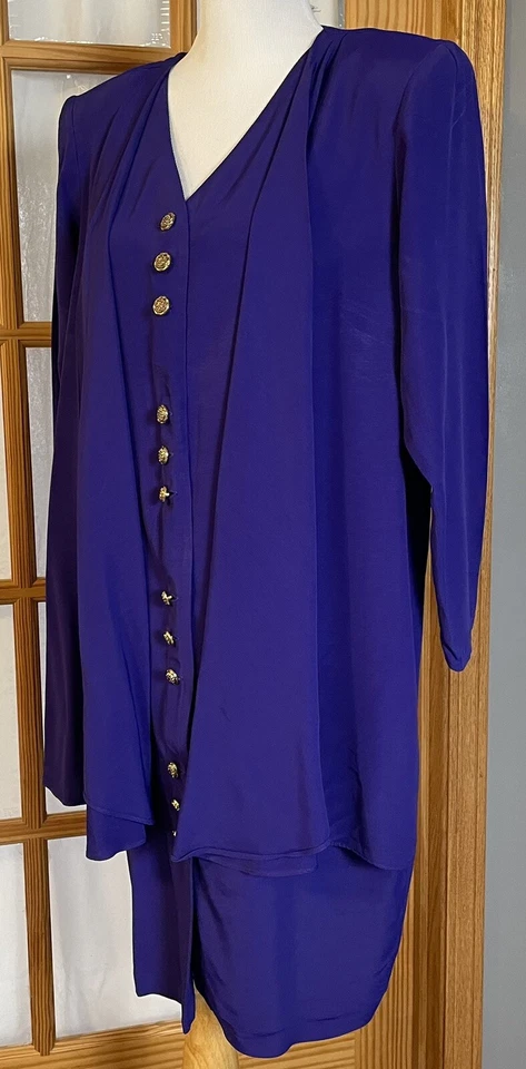 Vestido Chaqueta Integrada Años 80 Luci Pellini Talla 14 Azul Purpúreo Abotonado EE. UU. Formal Foto 2 de 4