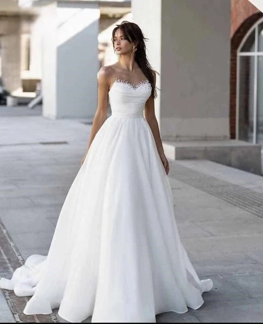 Шикарный иллюзия шеи атласной органзы трапеции свадебные платья без рукавов свадебное платье - Изображение 2 из 4