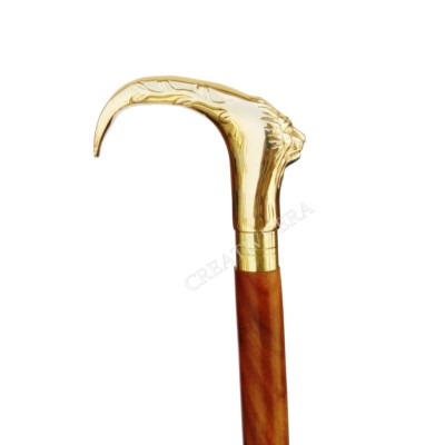 Antique Brass Lion Design Handle Brown Wood Walking Stick Cane Halloween Style