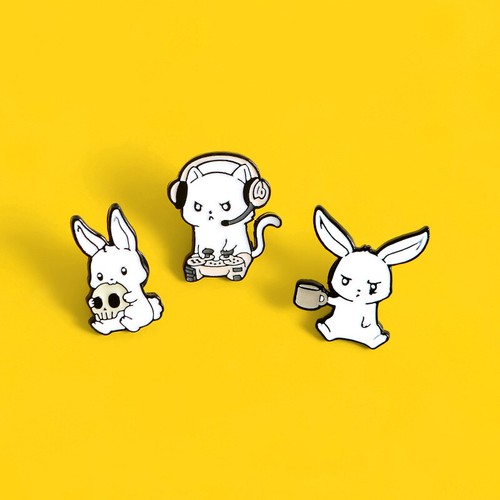 Trendy Cartoon Style Cute White Rabbit Brooch With Playful Skull Head