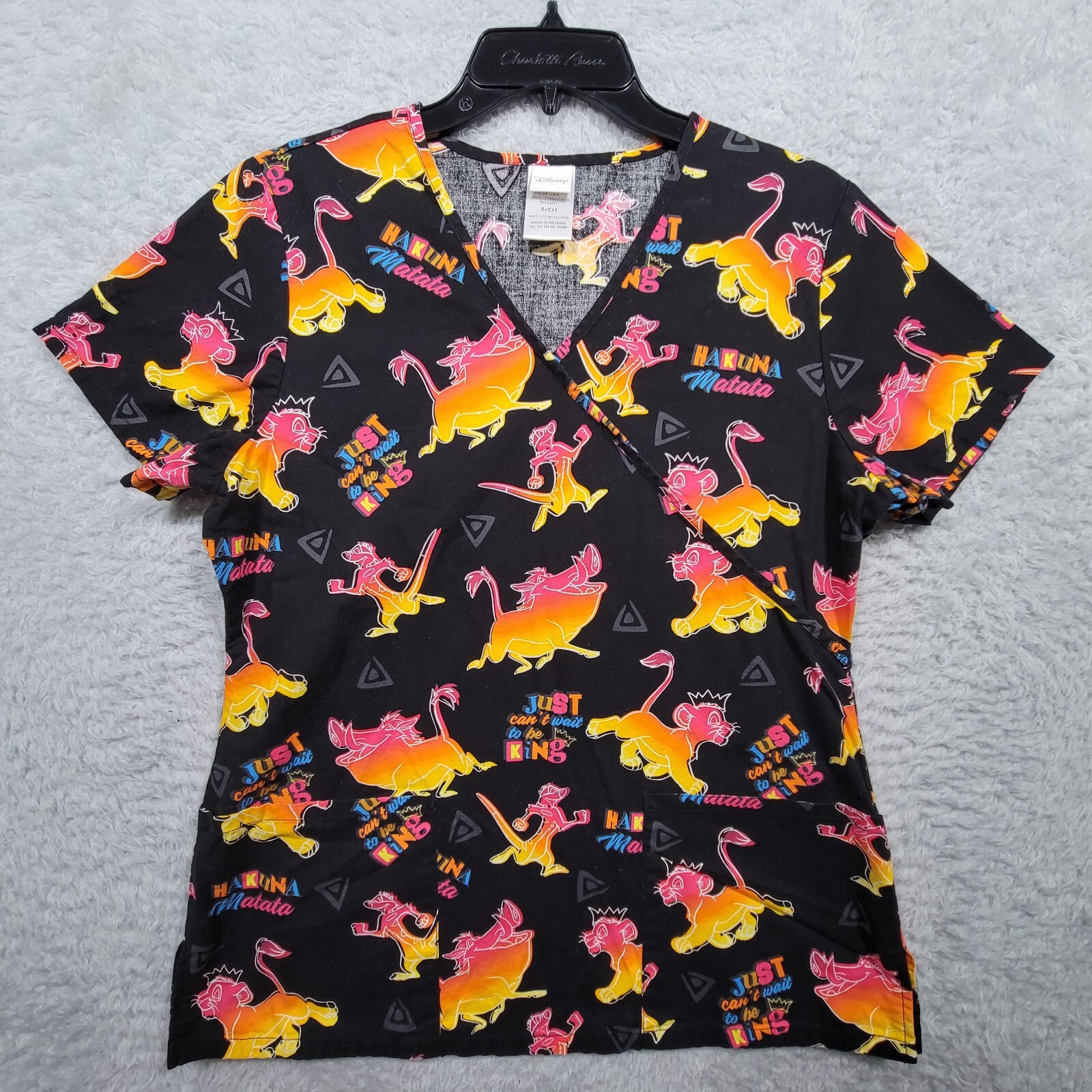 Disney Scrub Top Womens Small Pink Yellow Black Lion King Timon