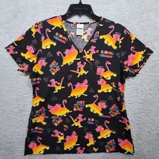 Disney Scrub Top Womens Small Pink Yellow Black Lion King Timon Pumba 2 Pockets
