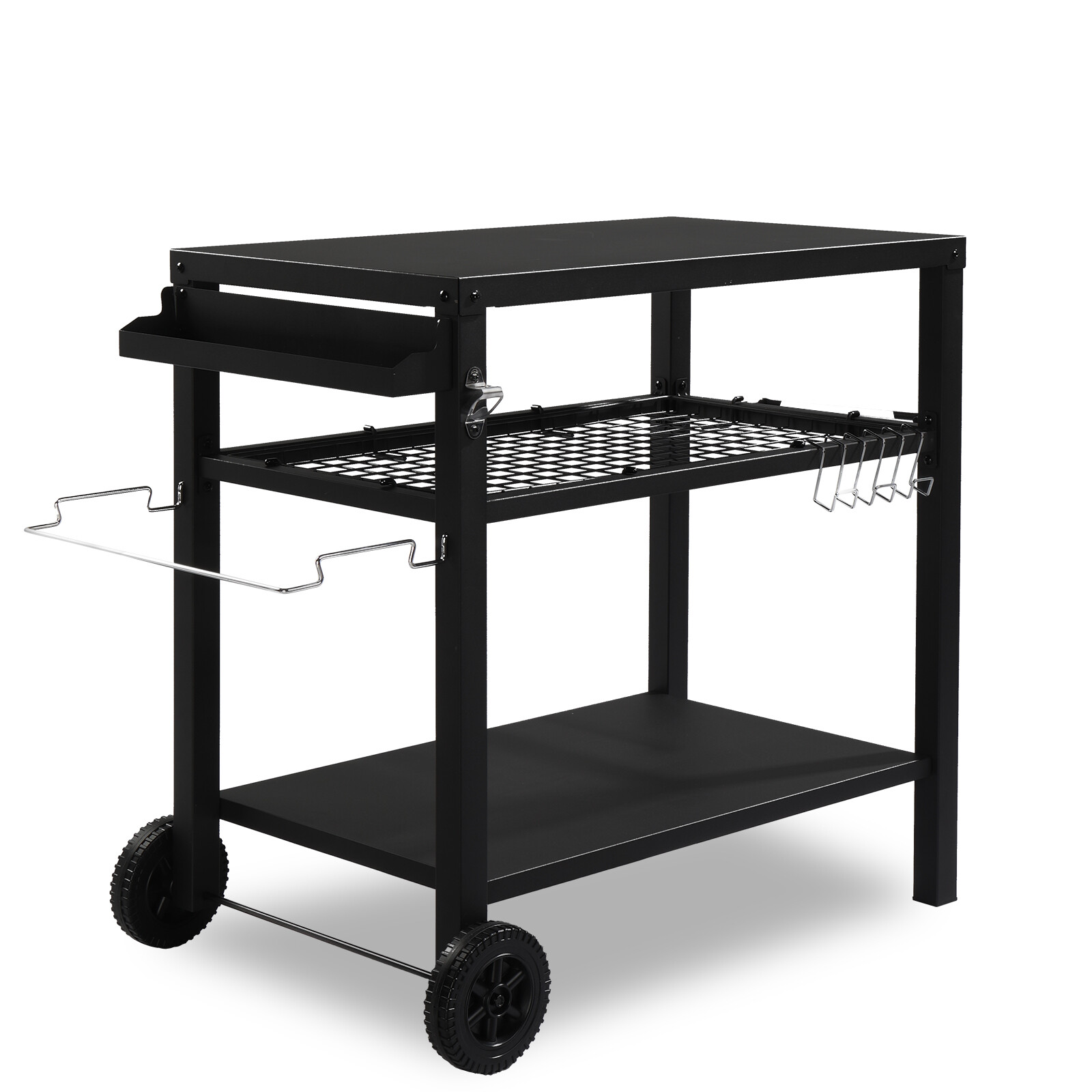 Movable BBQ Grill Cart ThreeShelf Grill Table Kitchen Carts with Mesh