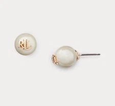 Lauren Ralph Lauren Imitation Pearl w/Gold Tone Logo Stud Earrings