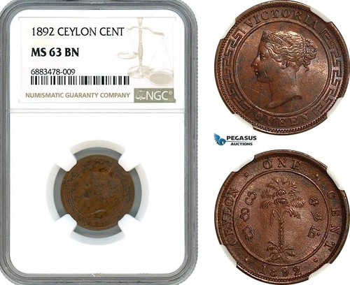 AJ574, Ceylon, Victoria, 1 Cent 1892, Calcutta Mint, NGC MS63BN