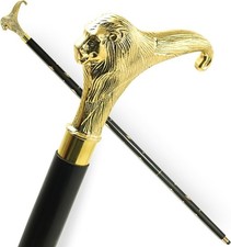ANTIQUANA Solid Brass Lion Head Handle Wooden Walking Stick Cane Vintage...
