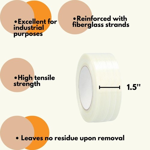 Fiberglass Economy Grade Filament Tape 12 Rolls 1 1/2" x 60 Yards 4 Mil - Picture 4 of 6