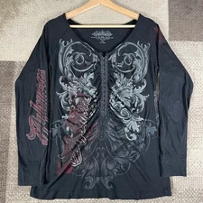 Y2K Infamous Grunge Clasp up Black Long Sleeve Shirt Sinful Rose Women's L AOP