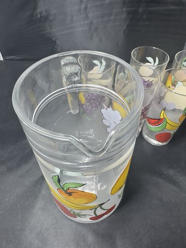 Vintage 1980s Fruit Frosted Glass Pitcher Jug Made In France Water & 6 Glasses - Picture 7 of 7