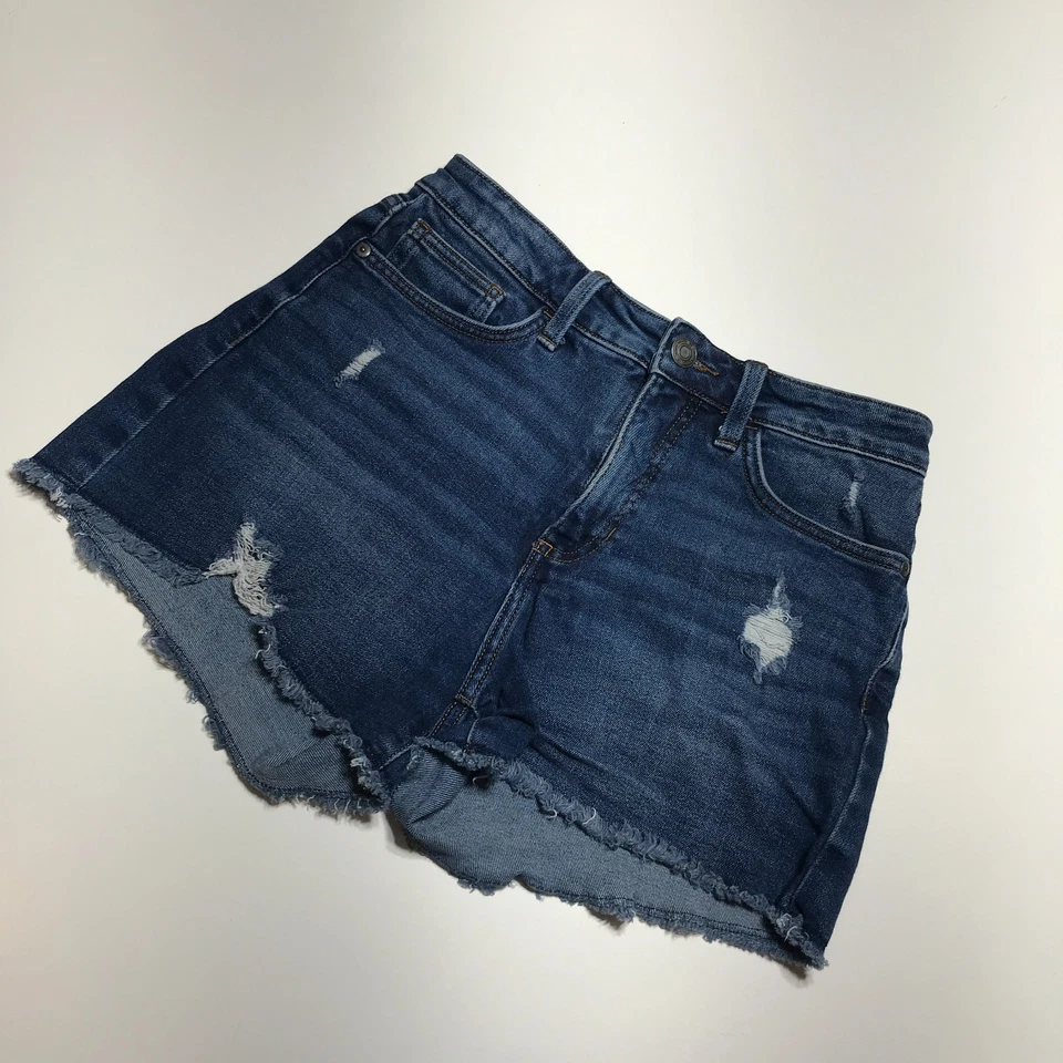 Pantalones Cortos Lauren Conrad Mamá Mujer 4 Tiro Alto Destroy Flecos Dobladillo Azul Jean Denim Foto 2 de 4