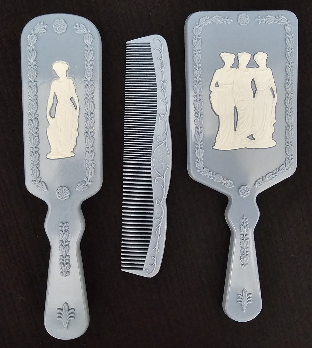 Vintage AVON AVONSHIRE Blue Mirror Hair Brush and Comb Vanity Set