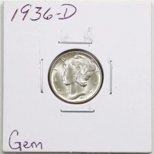 1936-D 10C Mercury Winged Liberty Silver Dime in Gem Condition #6277