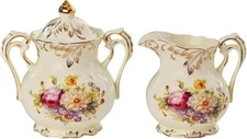 YOLIFE Ceramic Sugar and Creamer Set, Vintage Ivory Small, Flowering Shrubs 