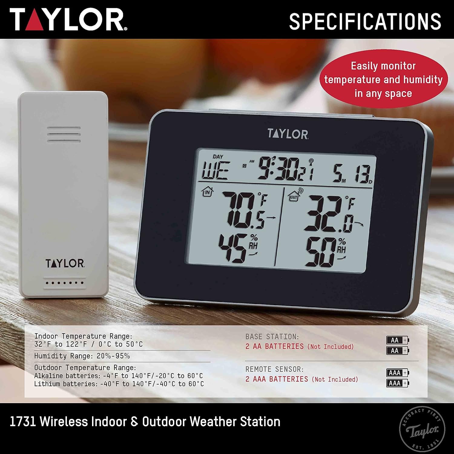 NEW - Taylor Wireless Digital Indoor Outdoor Thermometer and Hygrometer