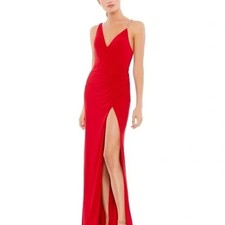 NWT Ieena for Mac Duggal Long Formal Dress with Pearl Strap V-Neck Size 8 Red