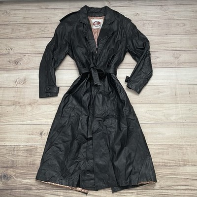 Vintage G-III Global Identity Women's Black Leather Belted Trench Coat Size M