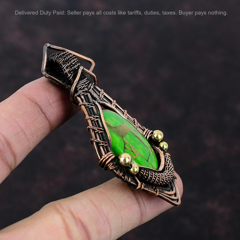 Cobre Natural Cobre Verde Turquesa Boho Alambre Envuelto Art Deco Colgante Joyería Foto 3 de 4