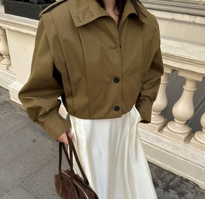 Zara ZW Collection Pleated Cropped Jacket Olive Green Khaki M L