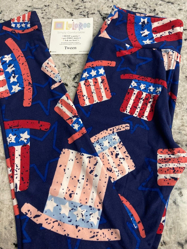 LuLaRoe NWT TWEEN Leggings Patriotic USA Red/White/Blue Top Hats on Navy