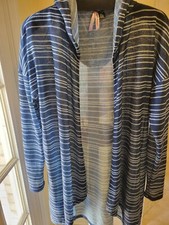 Open Front, Lightweight Hoodie Cardigan Beach Cover Blue Striped Womens Large