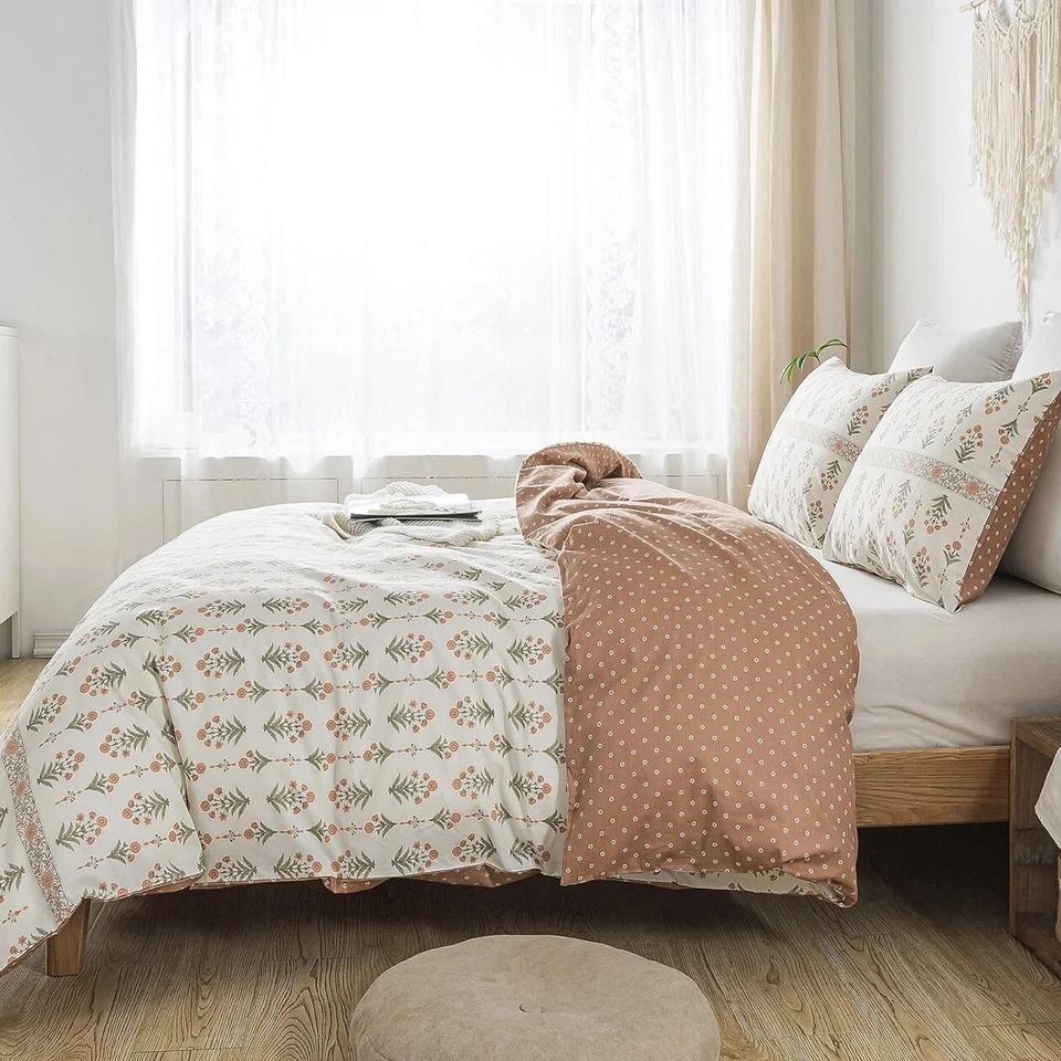NUEVO Anthropologie Crema Boho Queen Size Floral Ropa de Cama Edredón Algodón Juego Falso Foto 4 de 4