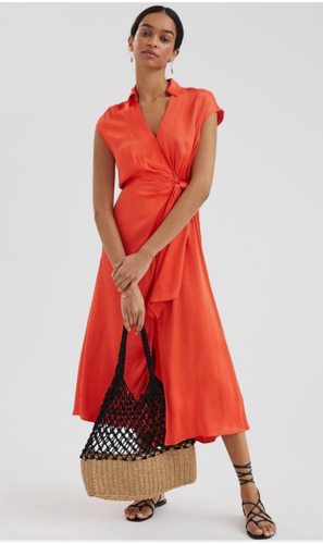 Anthropologie Maeve Open-Back Wrap Midi Sateen Red Dress Size Small