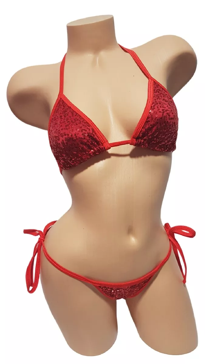 Sexy Red Sequin Micro Thong Brazilian Tie Side Gstring Bikini Stripper