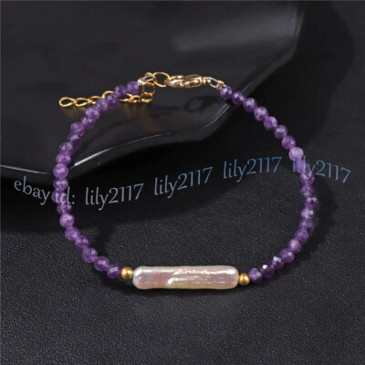 Faceted 3mm Natural Amethyst Round Gems Beads White Biwa Pearl Bracelet 7.5''