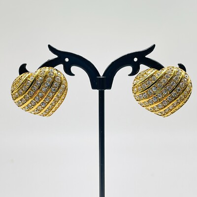 Vintage Gold Tone Rhinestone Heart Clip On Earrings Ribbed Domed Statement 80s