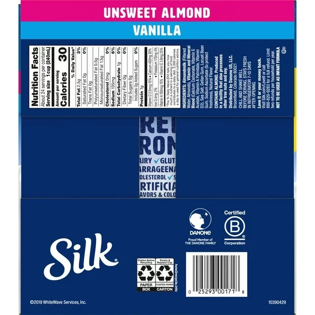 Silk Shelf-Stable Almond Milk, Unsweetened Vanilla, 1 Quart ( Pack of 6 )
