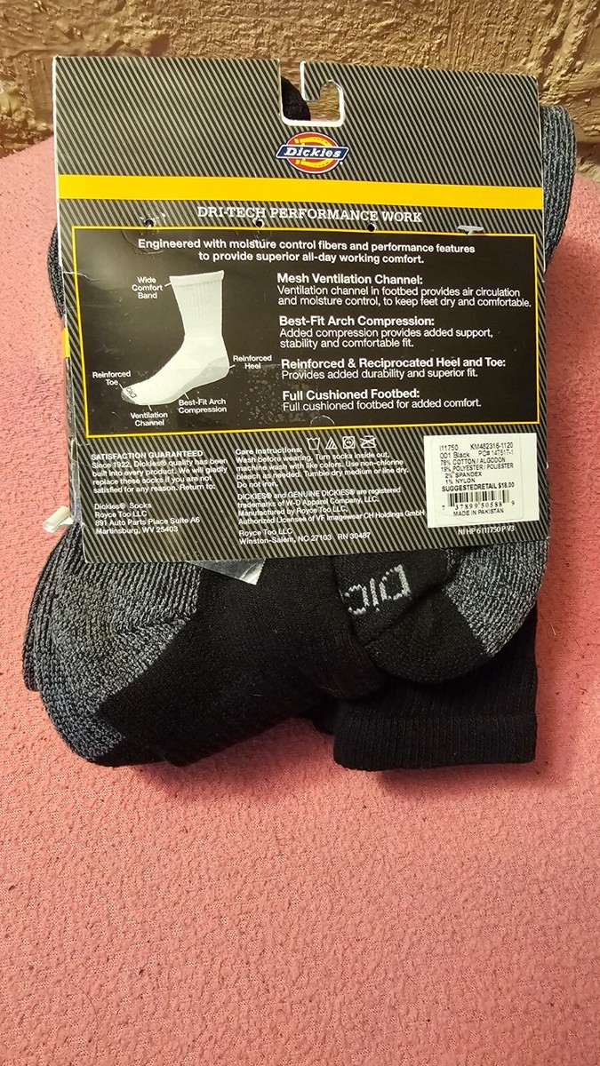 Dickies Dri-Tech Crew Performance Work Socks Black Men's Shoe Size
