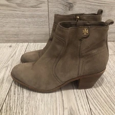 Tory Burch Sabe Ankle Boots Women's 7M Booties Side Zip Brown Leather Suede